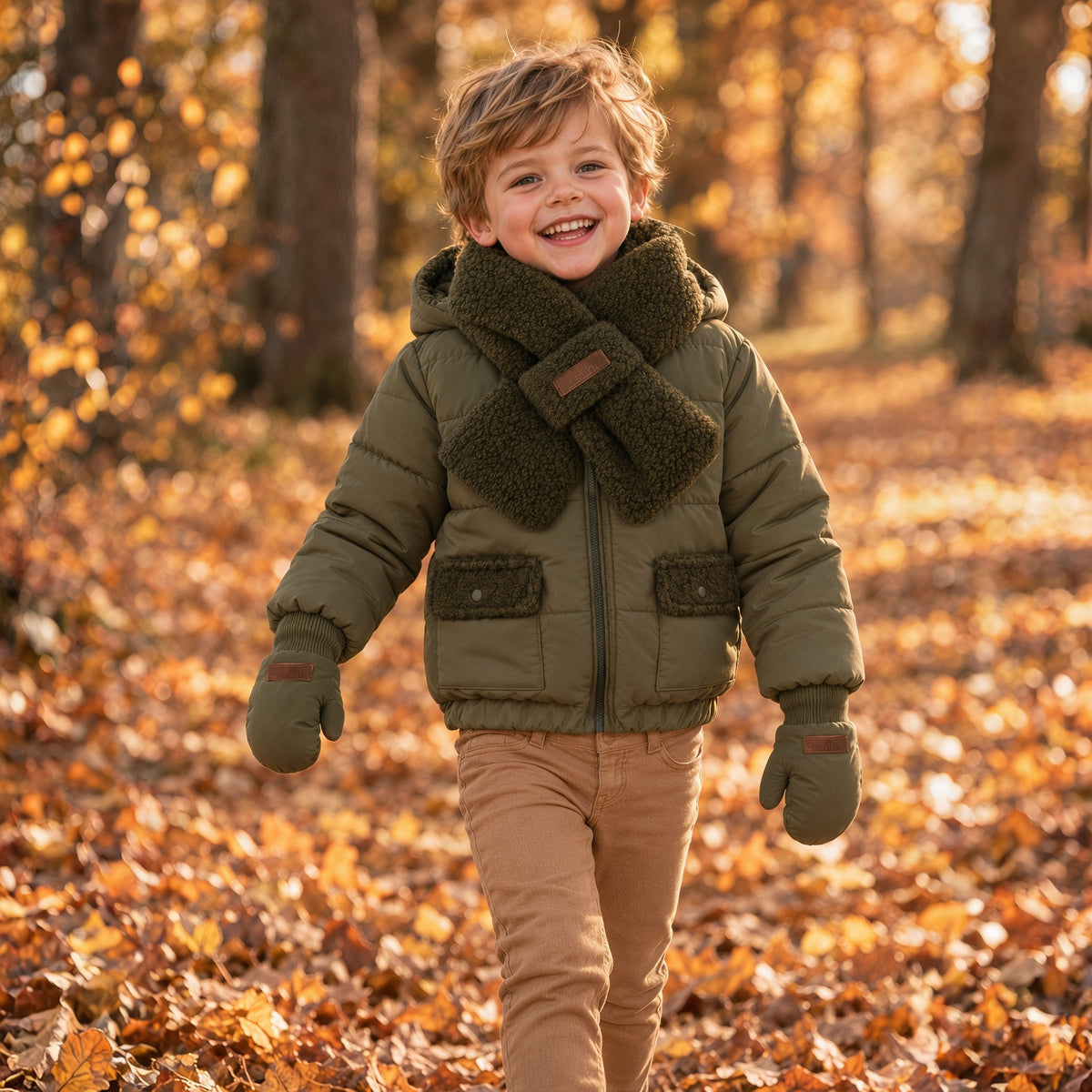 Jacket Tilo gedragen door een kind, met Scarf Tilo Teddy, Mittens Tilo en Jeans Dark Beige (Natini)