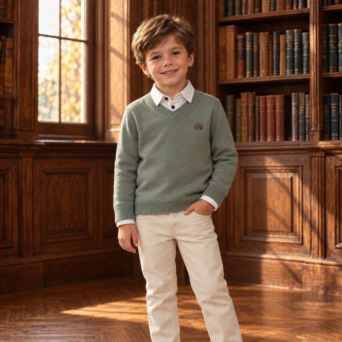 AI-foto: V-pull Sage Green gedragen door een kind (Natini)