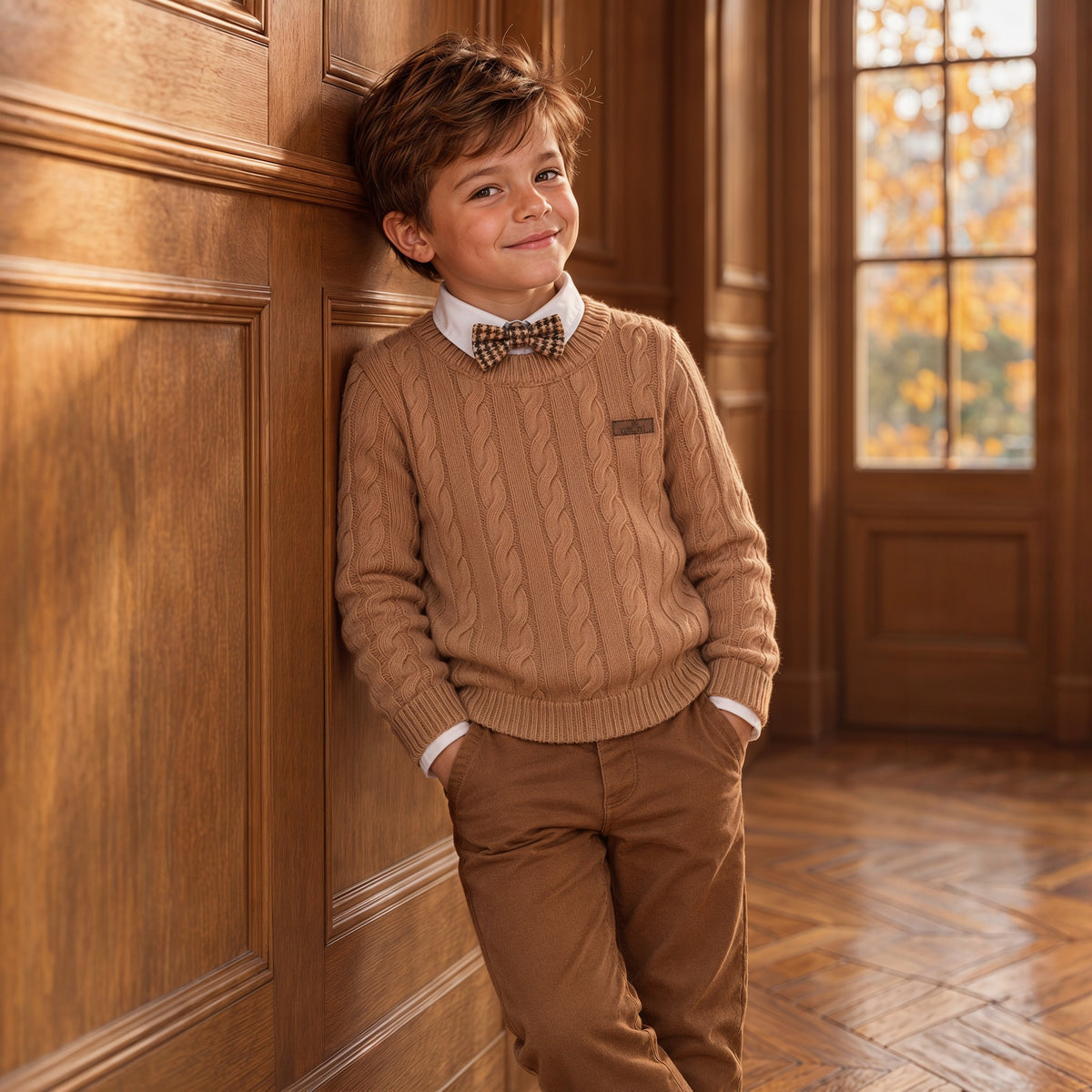 Shirt Pierrot Bow Square gedragen door een kind, met Pull Quinten en Pants Robin (Natini)